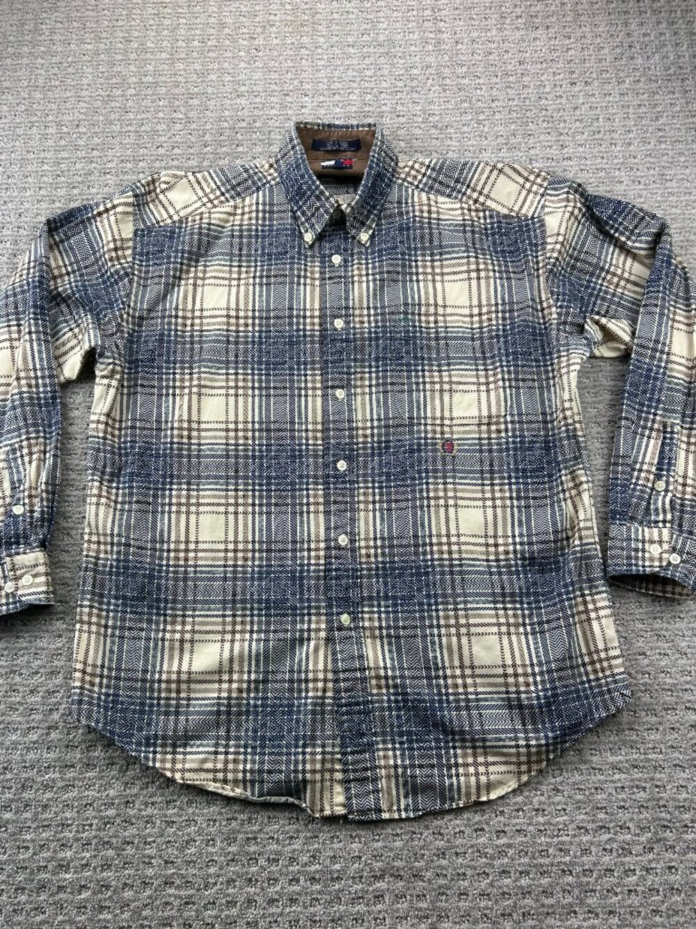 Vintage 90s Tommy Hilfiger Button Down Shirt Men Medium M Brown Blue Plaid 1990s